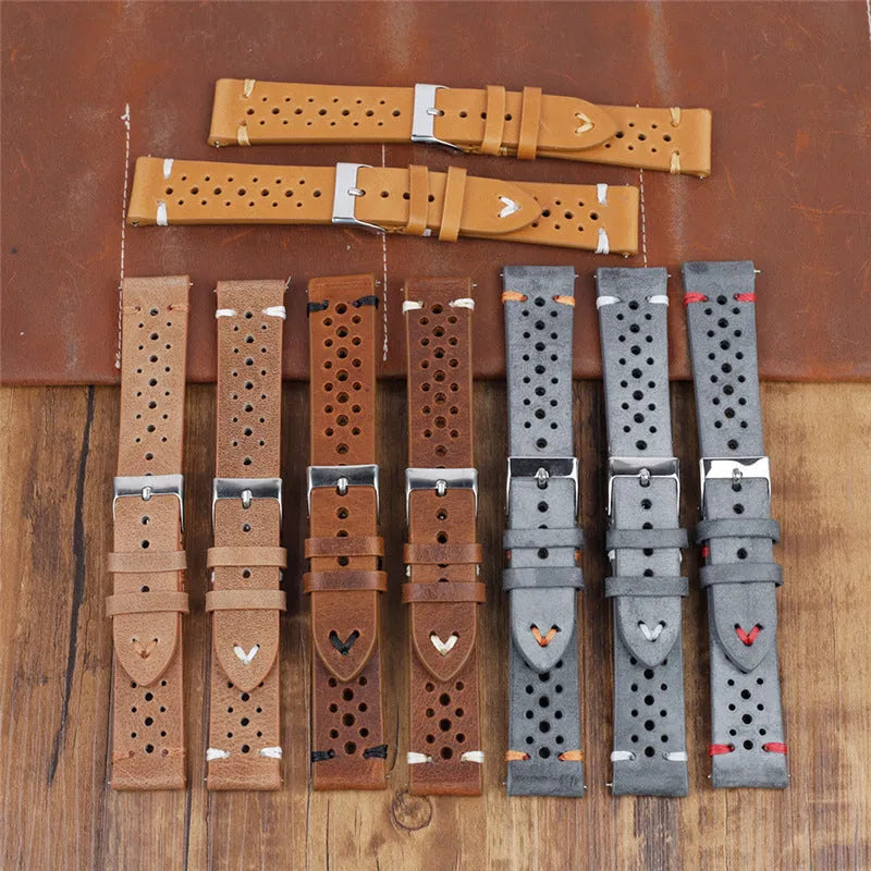 Handmade retro genuine leather watch band in brown with contrast stitching, size 22mm