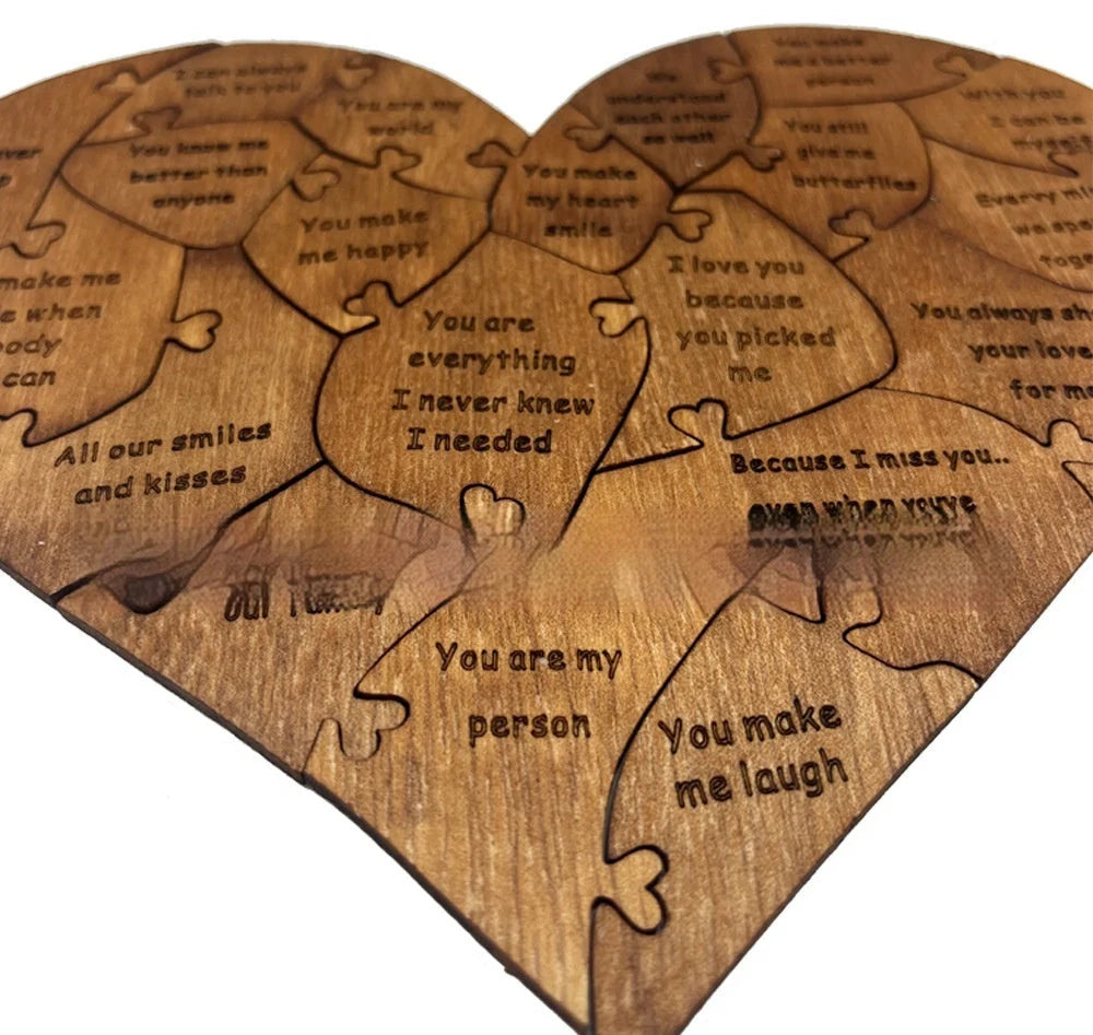 Wooden heart puzzle with love messages for romantic occasions