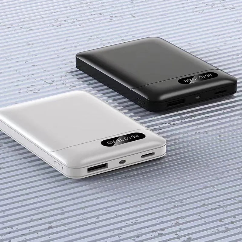 White and black portable power bank with multiple USB ports showing 10000mAh capacity label