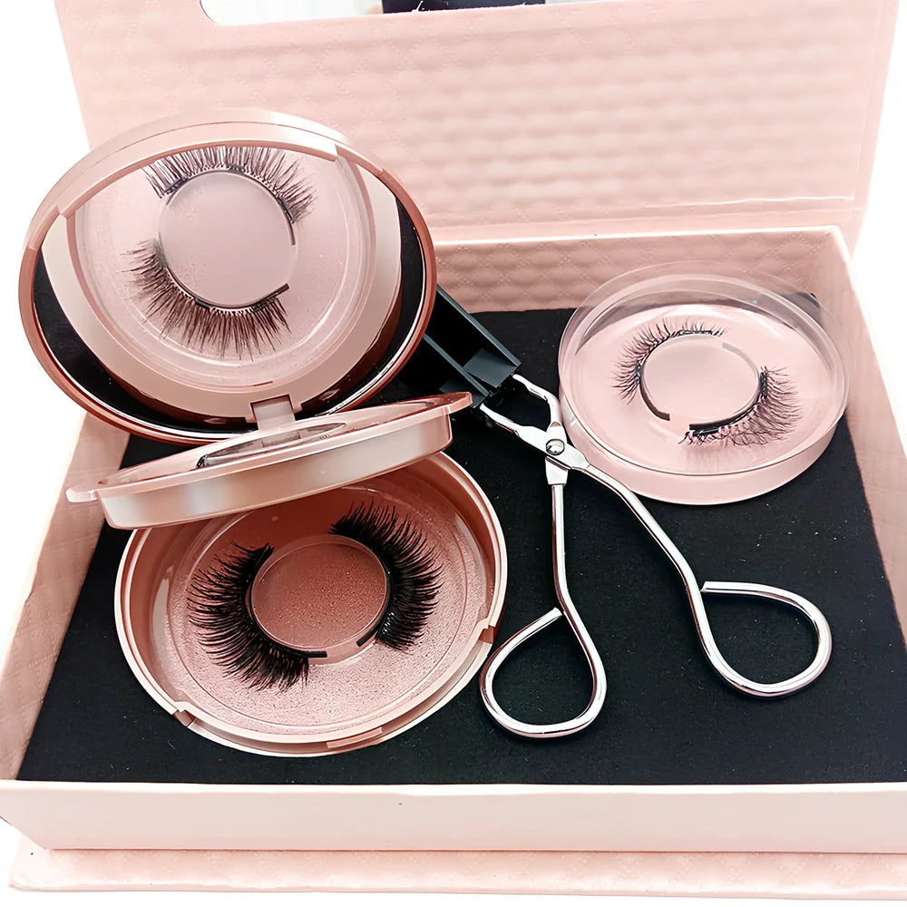 Three pairs black quantum magnetic false eyelashes with curler, ultra-thin ice silk for quick glue-free wear