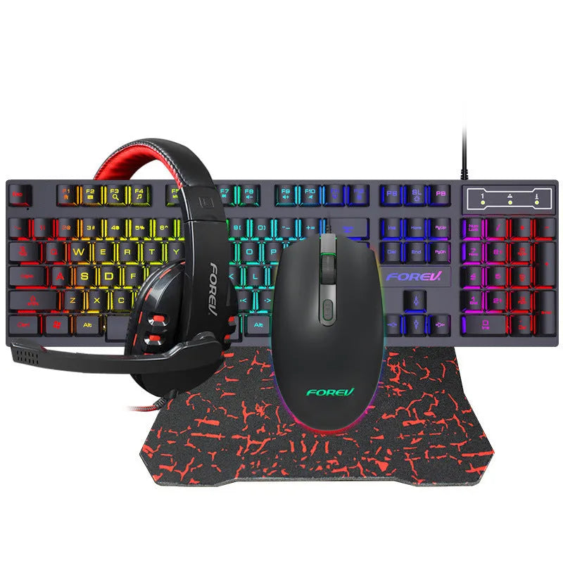 Wired four-piece keyboard mouse headset and mouse pad set with USB cables on a desk
