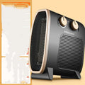 White and black gold portable electric fan heater with mechanical control knobs on the front.