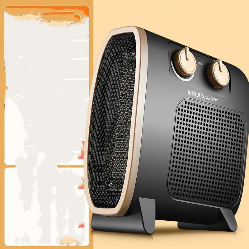White and black gold portable electric fan heater with mechanical control knobs on the front.
