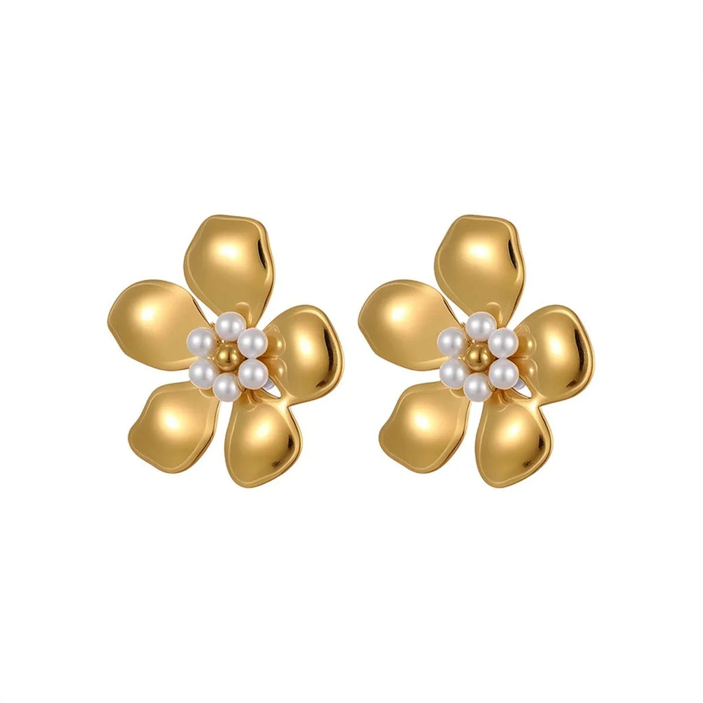 Flower stringed pearls stud earrings in gold and steel colour on white background