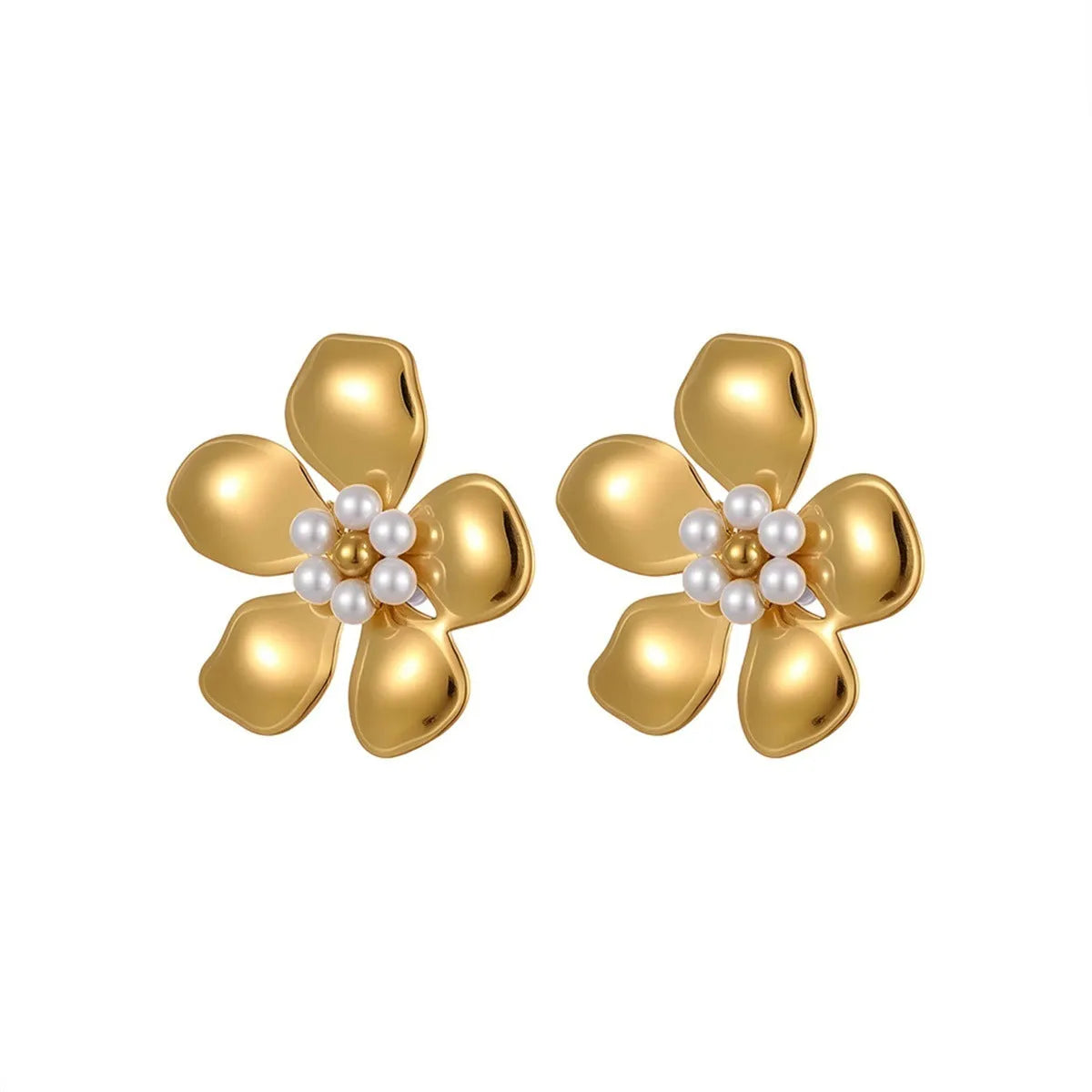 Flower stringed pearls stud earrings in gold and steel colour on white background