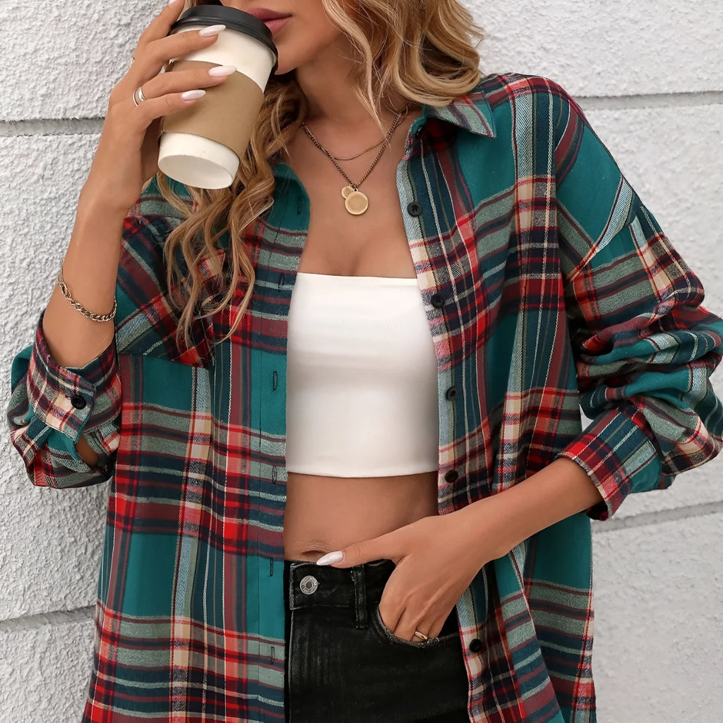 Women's loose fit cotton plaid shirt with long sleeves in black, green, and purple colour options