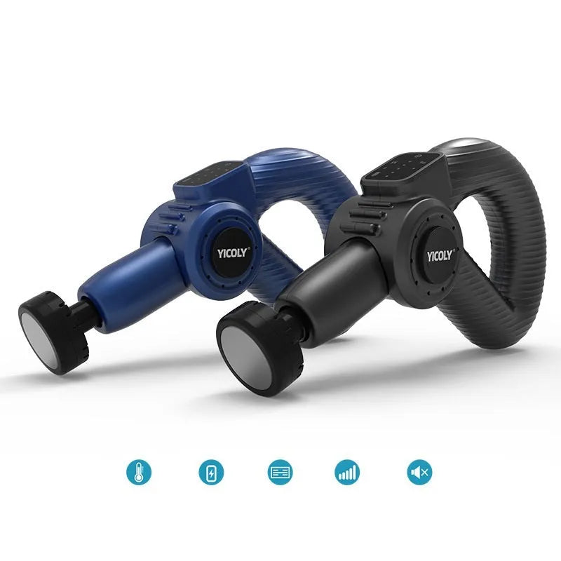 Black smart muscle massage gun with hot compress and ice compress functions on a table