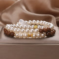 Natural white freshwater pearl and crystal double circle cook stitching flexible bracelet on woman's wrist, 34cm circumference