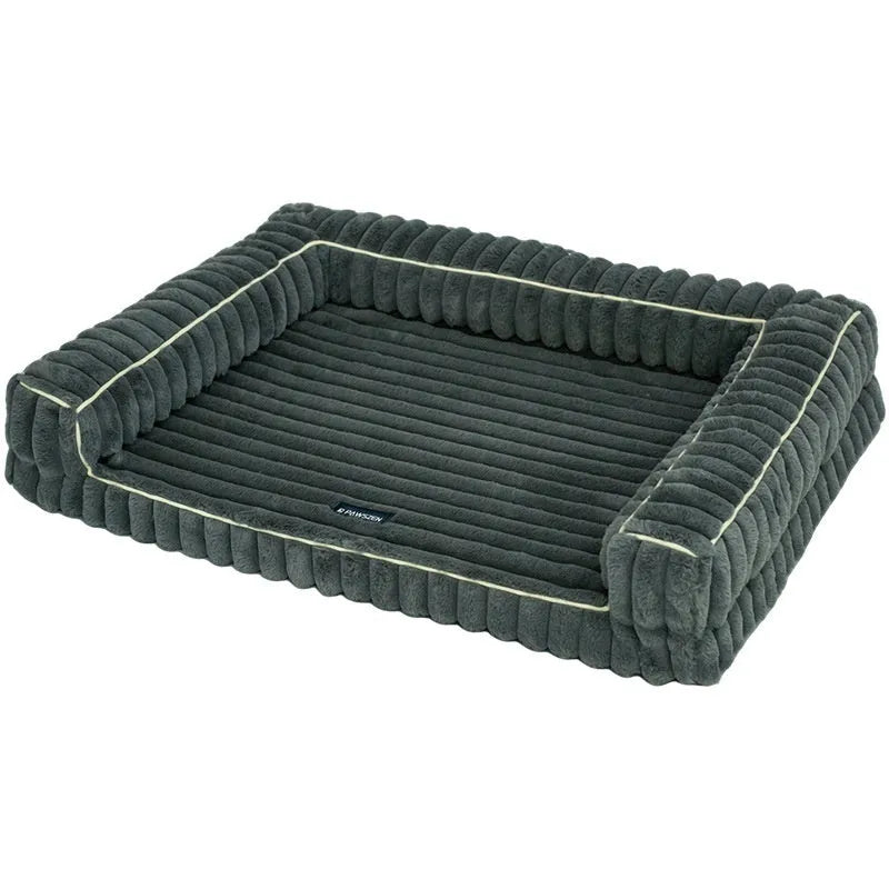 Kennel stripe dehaired angora removable pet bed with corduroy cushion in grey for dogs, 100x75cm size