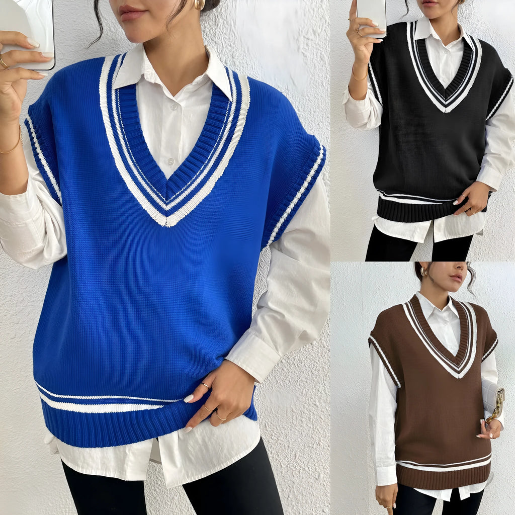 Women's loose college style vest sweater in black, blue or coffee colour options