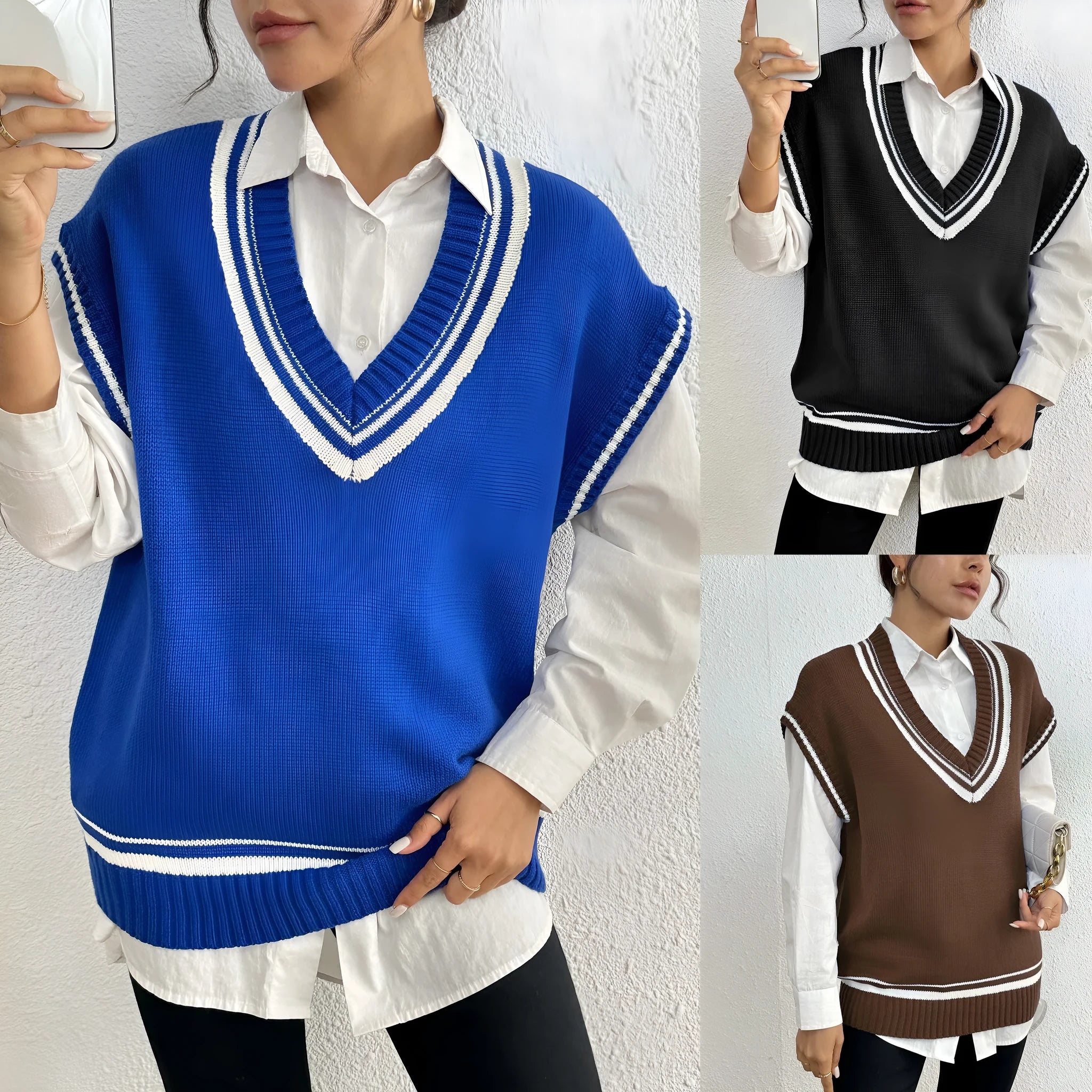 Women's loose college style vest sweater in black, blue or coffee colour options