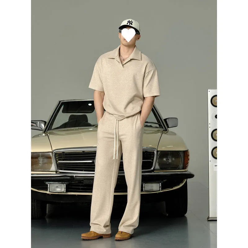 Men's beige cotton short-sleeved T-shirt with matching trousers, casual summer suit