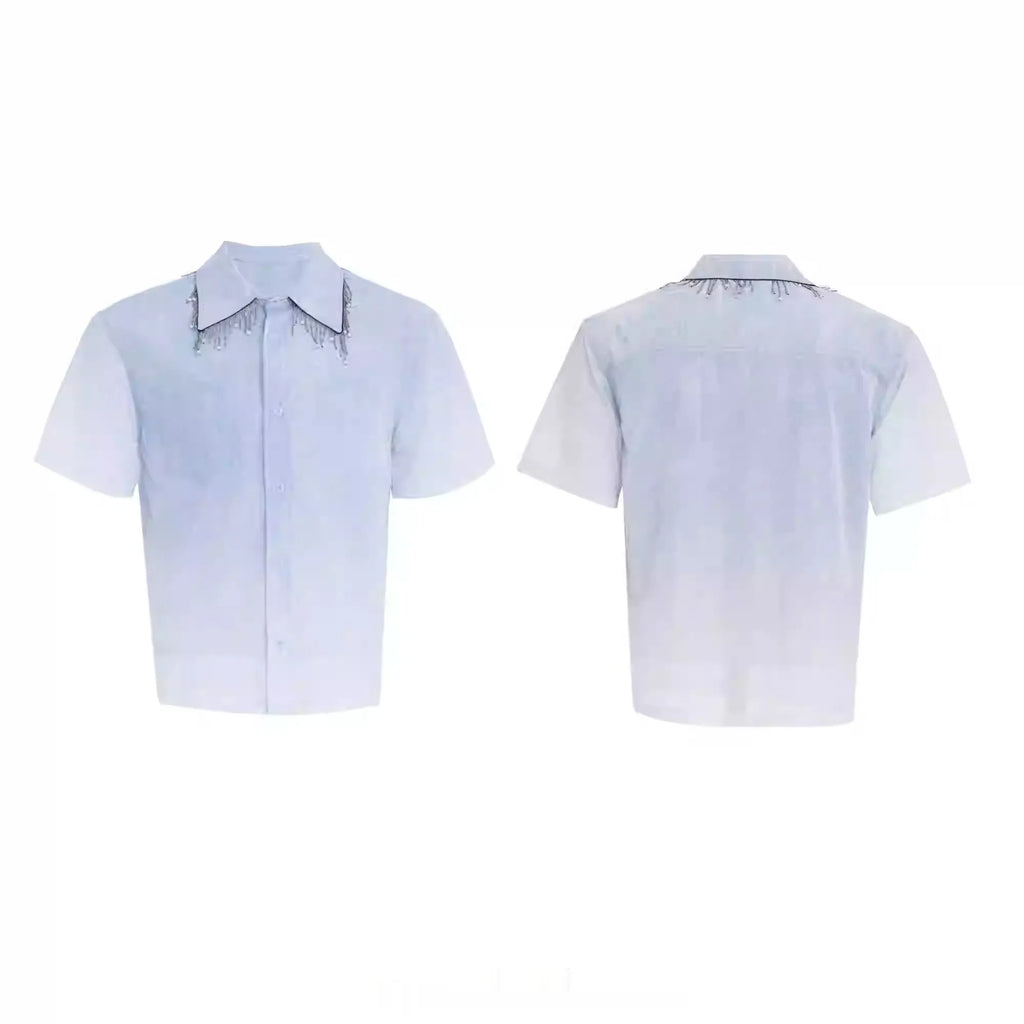 Men's blue and white gradient short sleeve casual shirt with a loose fit.