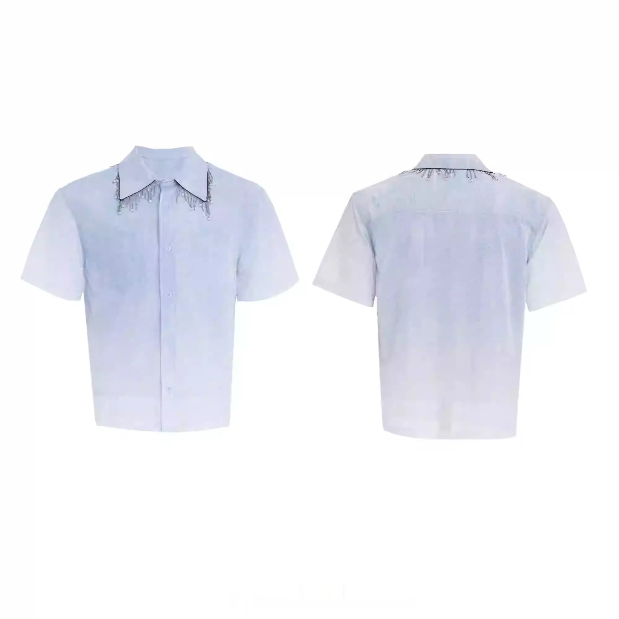 Men's blue and white gradient short sleeve casual shirt with a loose fit.