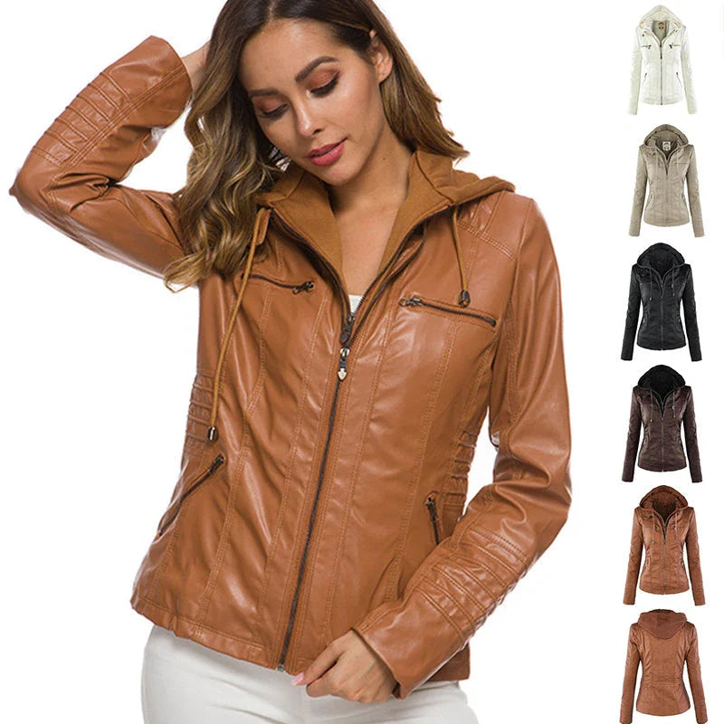 Stylish detachable hooded leather jacket for women in various colors