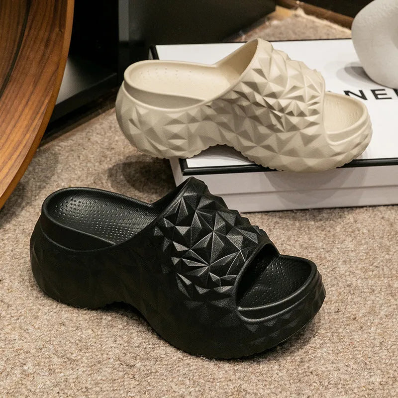EVA foam flip flop slippers with a thick sole in black, khaki, or white colour.