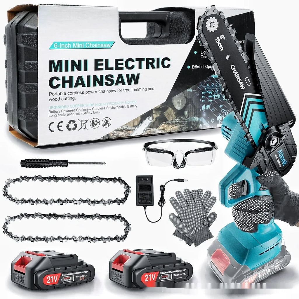 Small handheld electric chainsaw with 6-inch chain, batteries, safety goggles, gloves, and storage box