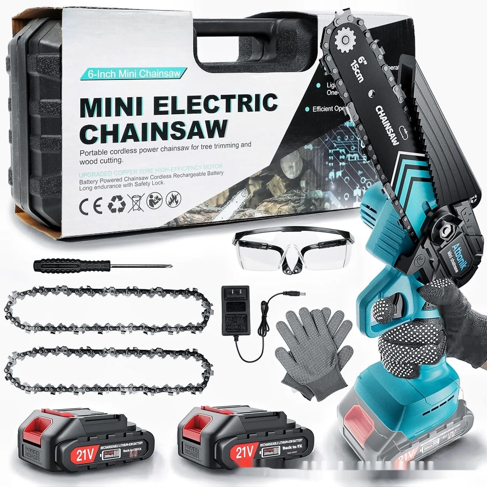 Small handheld electric chainsaw with 6-inch chain, batteries, safety goggles, gloves, and storage box