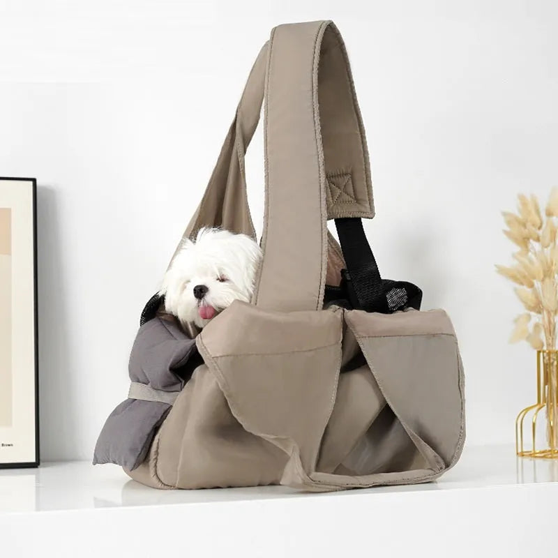 Apricot-coloured cloth pet carrier handbag showing medium dimensions of 41cm width
