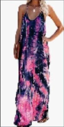 Poetsky Women's Casual Strappy V-Neck Maxi Dress with side pockets in pure black, speckled black, and purple pink