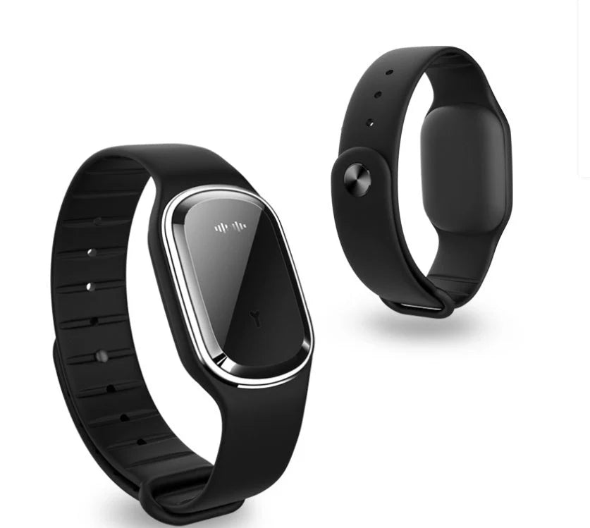 Ultrasonic mosquito repellent wristband in various colours, showcasing waterproof design and optional clock feature.