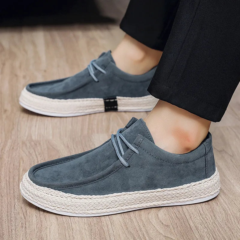 Men's casual pumps in khaki, low-top handmade cloth shoes with flat heel and round toe