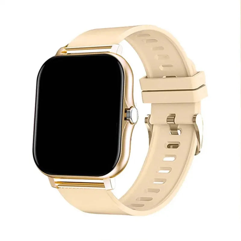 Smart watch with 1.44-inch colour touch screen and black silicone strap on a wrist