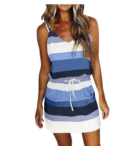Women's cotton stripe drawstring summer dress with loose waist