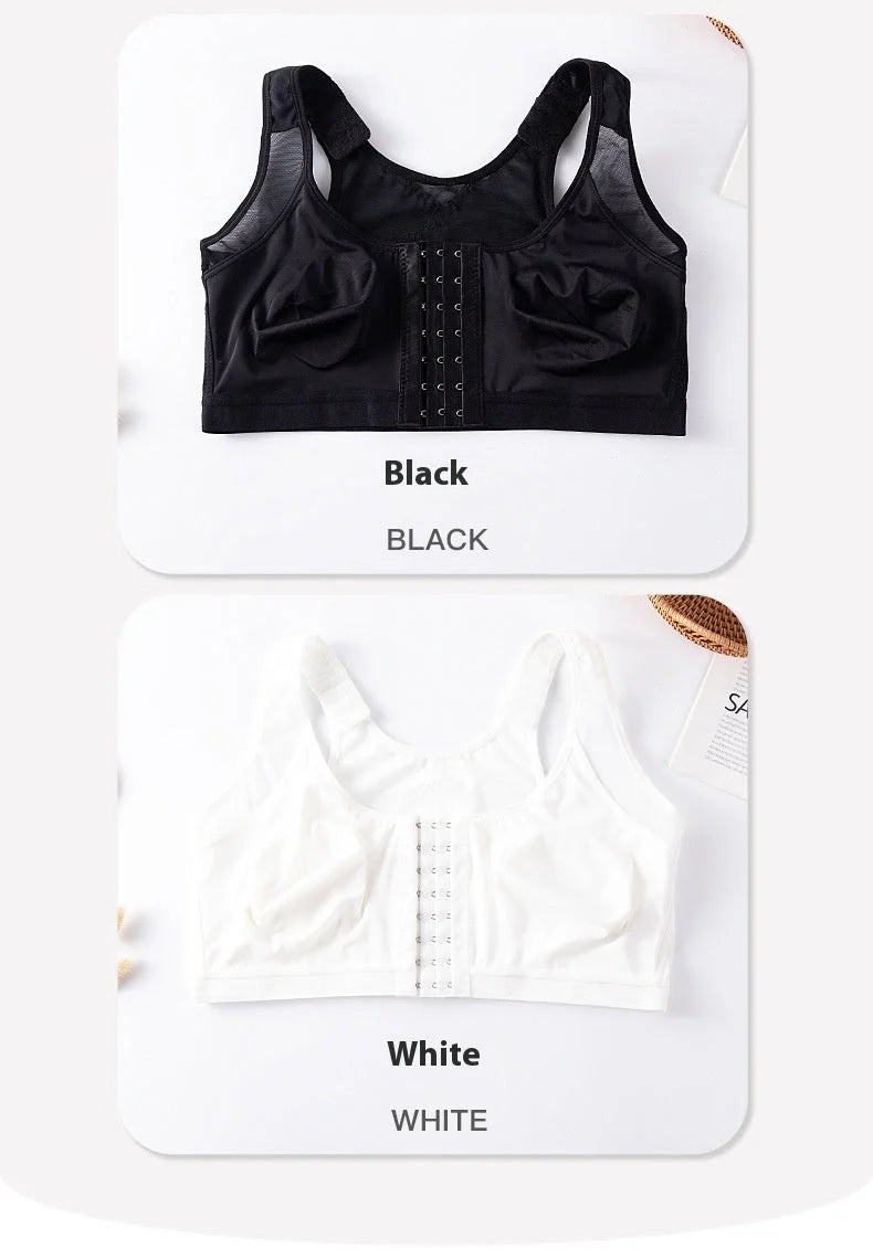 Front Buckle Closed Sports Bra in plus sizes, available in white, black, and apricot