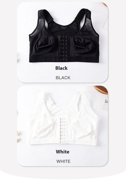 Front Buckle Closed Sports Bra in plus sizes, available in white, black, and apricot