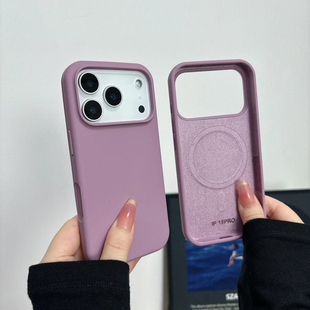 Liquid silicone magnetic iPhone case with Ai button in Antique White colour, showing MagSafe ring.