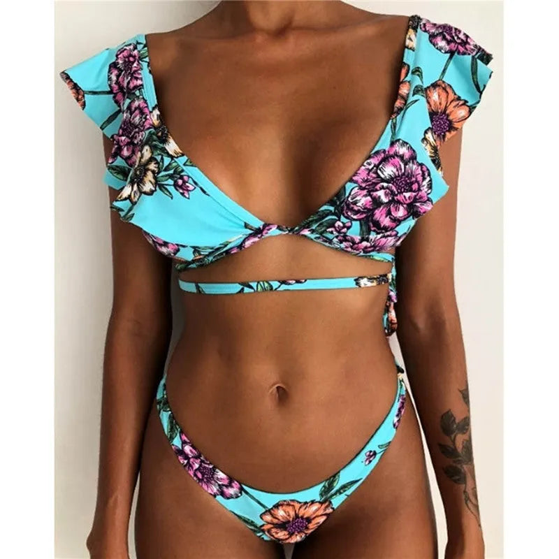 Yellow flower printed floral bikini swimsuit with retro dots and backless design