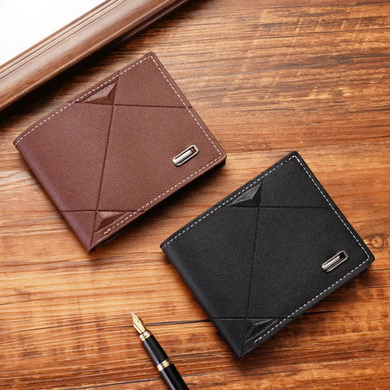 Men's horizontal three-fold PU leather wallet showing multiple card slots in black colour option