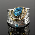 Women's Chinese style blue zircon ring with drop shape design and alloy metal construction