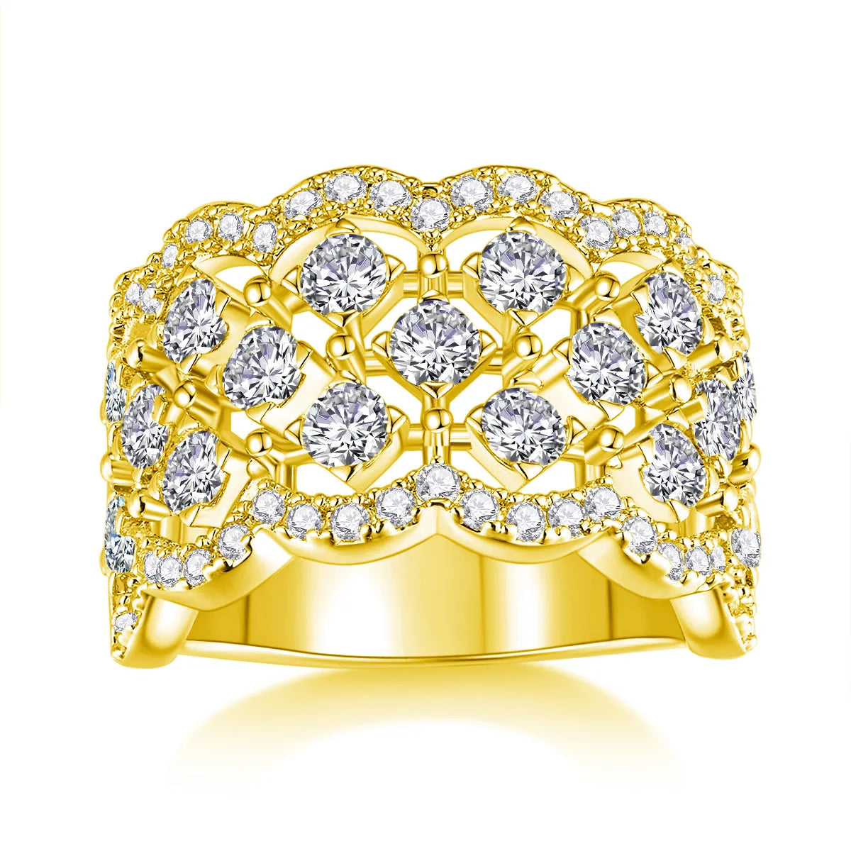 Lace Snowflake moissanite wedding ring set in S925 silver with platinum plating on a black background