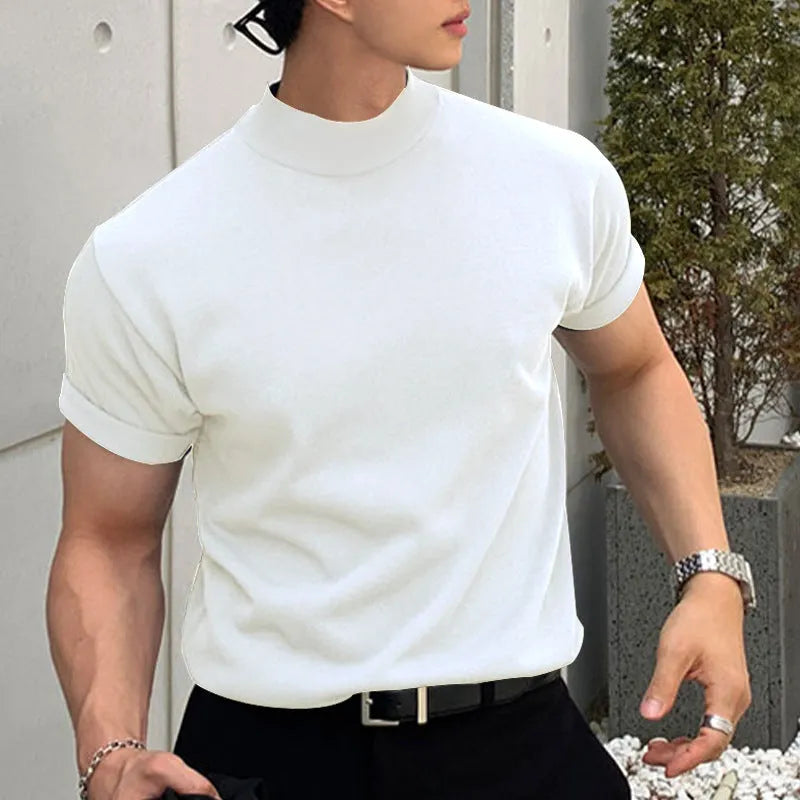Men's solid colour turtleneck short sleeve t-shirt in white, available in sizes S-4XL from multiple angles