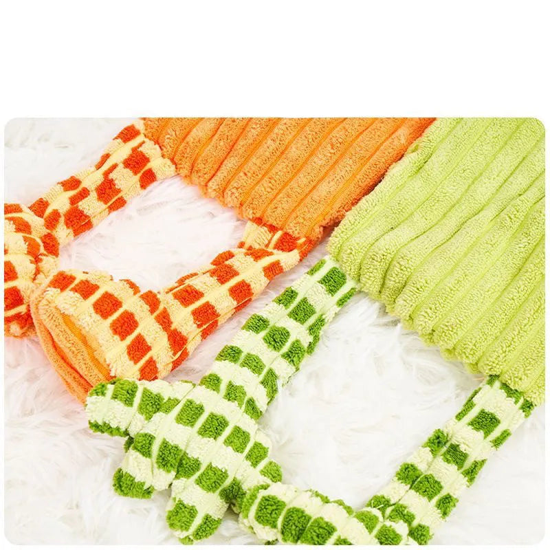 Green and orange immortal squeaker plush dog toy for aggressive chewers