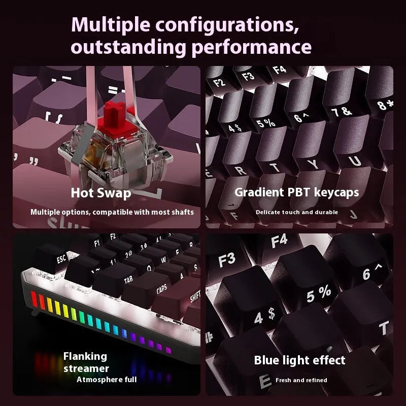 87-key wired mechanical keyboard with white backlight and side-engraved keycaps, available with red, tea, green, or black switches