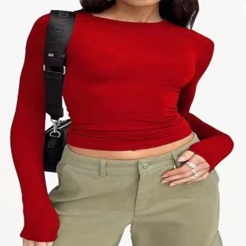 Women's slim-fit long-sleeved pullover top in solid colours