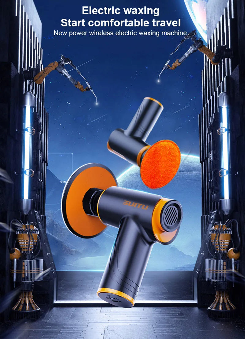 Cordless car polishing machine with black ABS body, orange waxing pad, and 12cm disc on a table