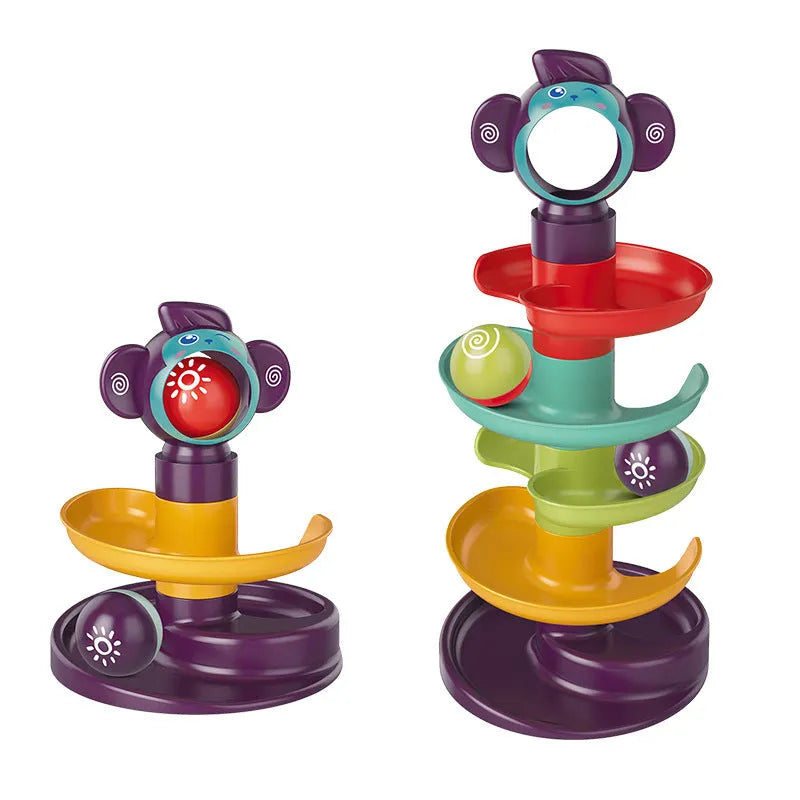 Children's plastic puzzle railway Jenga building block set with slide rotating music feature, 28 by 9 by 27 cm