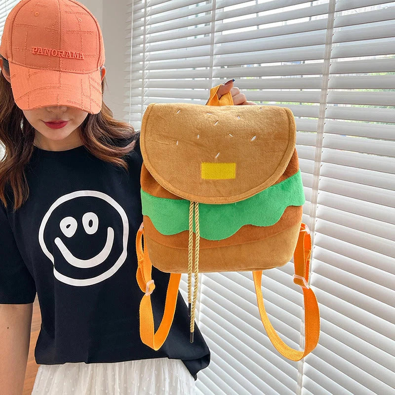 Hamburger-shaped plush backpack for girls with adjustable drawstring