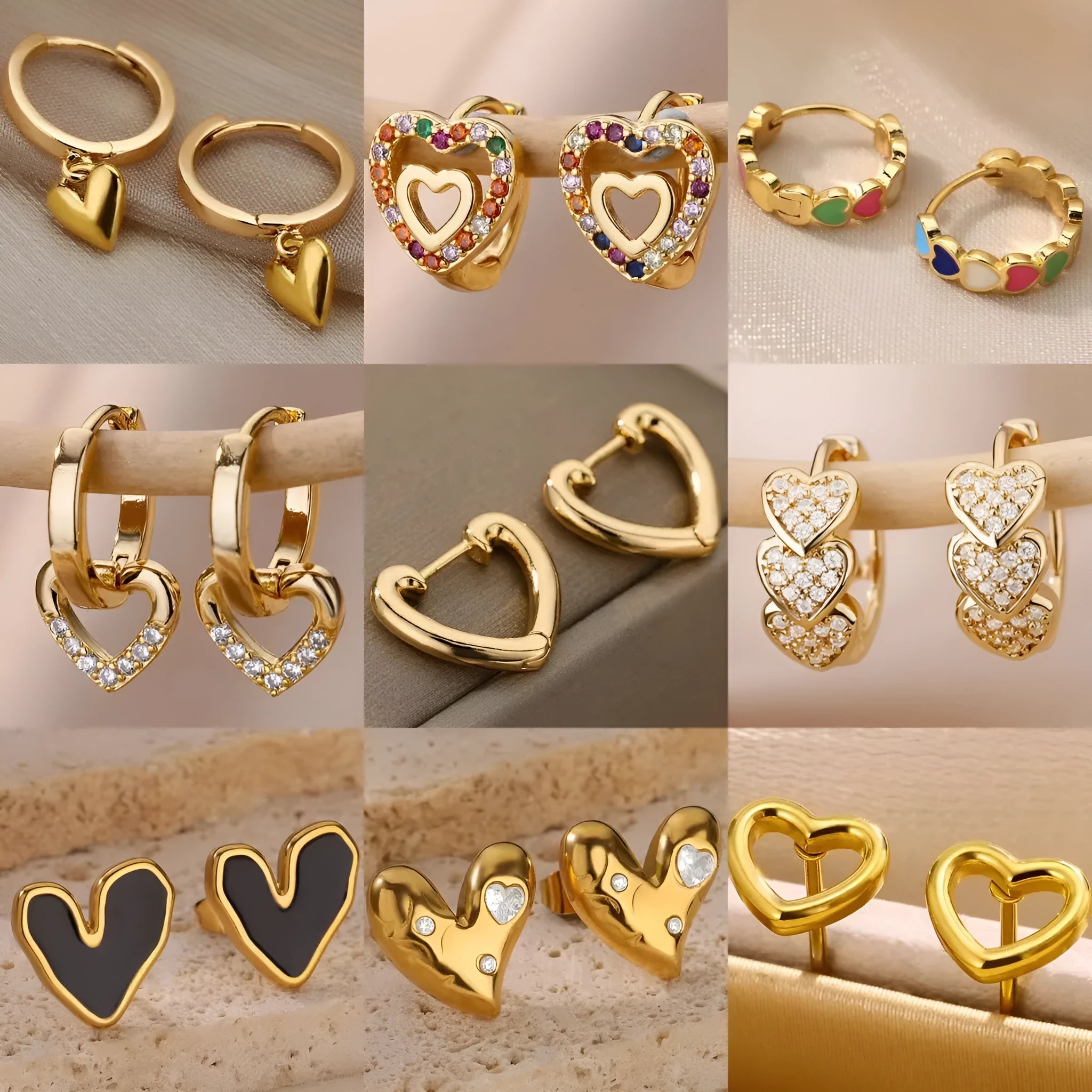 Gold heart-shaped zircon stud earrings with a clip back fastening for women.