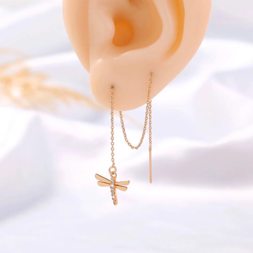 Gold Copper Dragonfly Micro-Set Zircon Long Tassel Ear Wire with detailed design