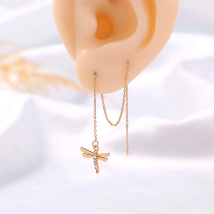 Gold Copper Dragonfly Micro-Set Zircon Long Tassel Ear Wire with detailed design