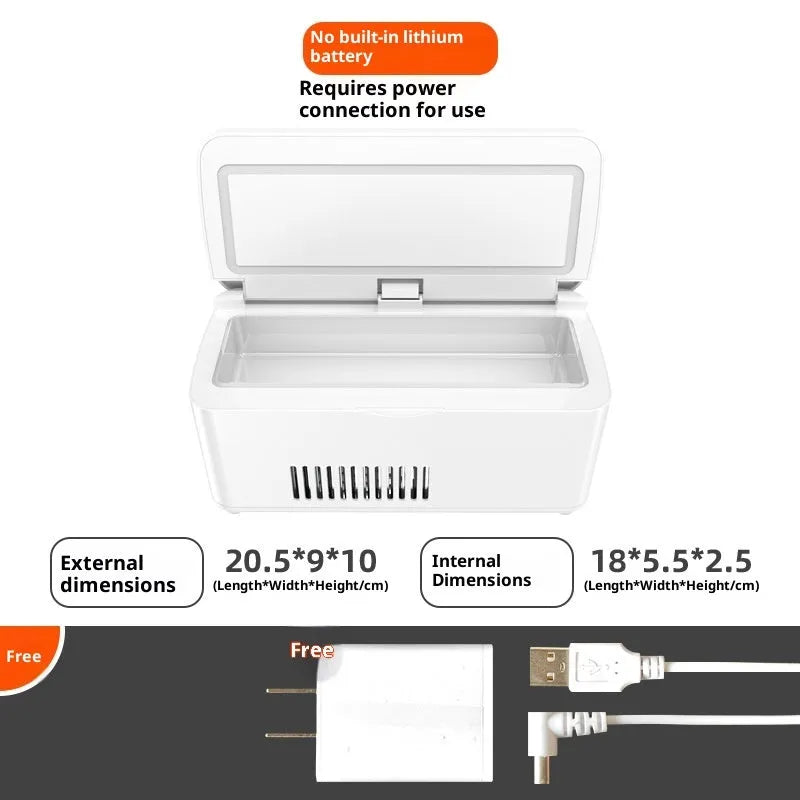 Portable insulin frozen box in white with fast refrigeration and rechargeable battery for car and home use