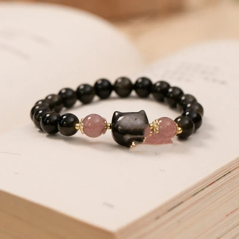 Natural black obsidian 8mm bracelet with kitty accessories and adjustable sliding knot