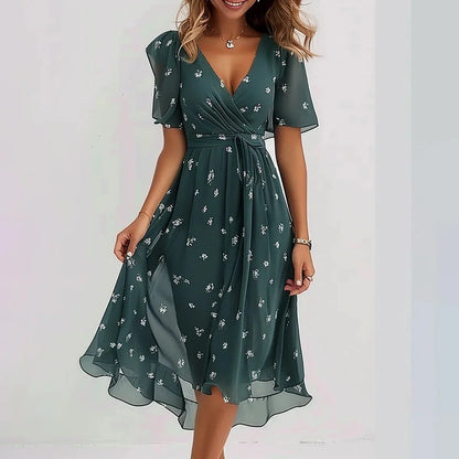 Chiffon printed short sleeve dress with V-neck for summer in various colours