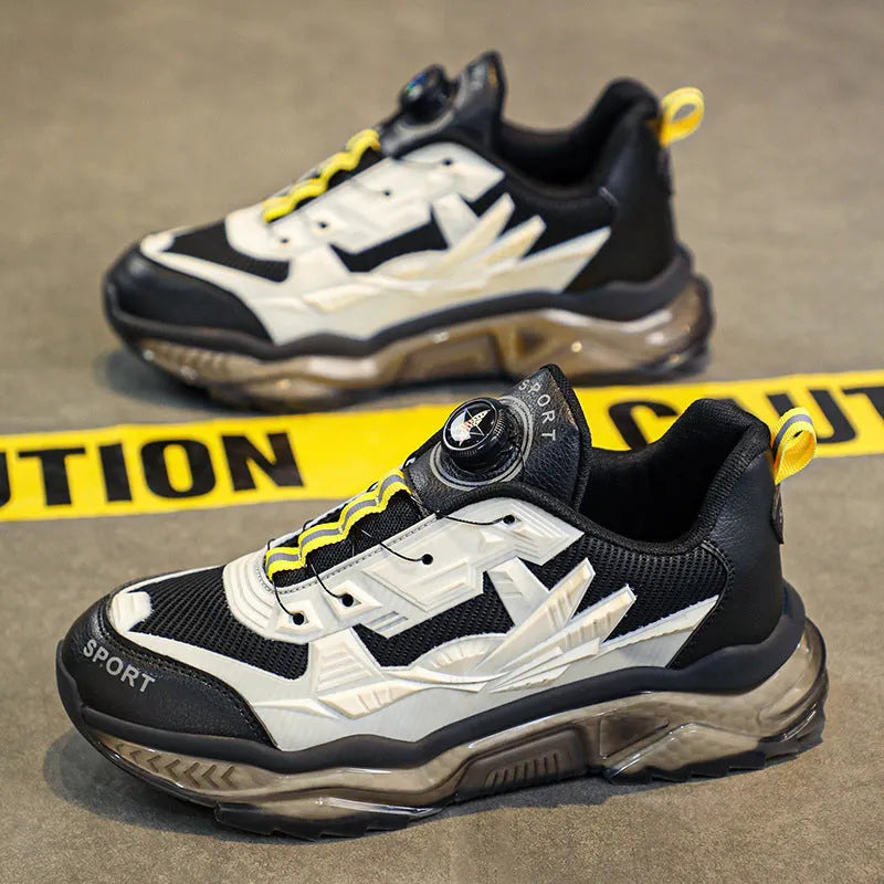 Men's black casual dad shoes with rotating button fastening and mesh upper