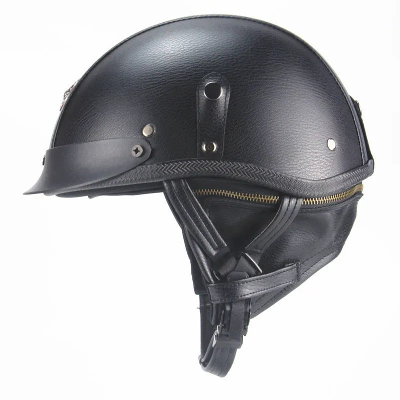 Retro leather half helmet for cruiser motorcycles in black colour showing ABS construction